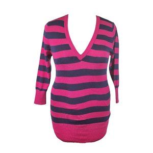 LANDS END Women's Sweater Striped V Neck Hot Pink Navy Blue Medium sz 10 12